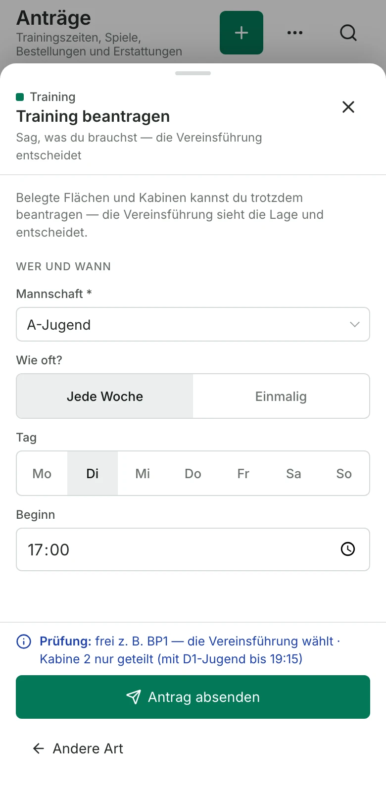 Training beantragen am Handy: Mannschaft, wöchentlich oder einmal, Tag, Beginn, Dauer — die Prüfung zeigt, was frei ist