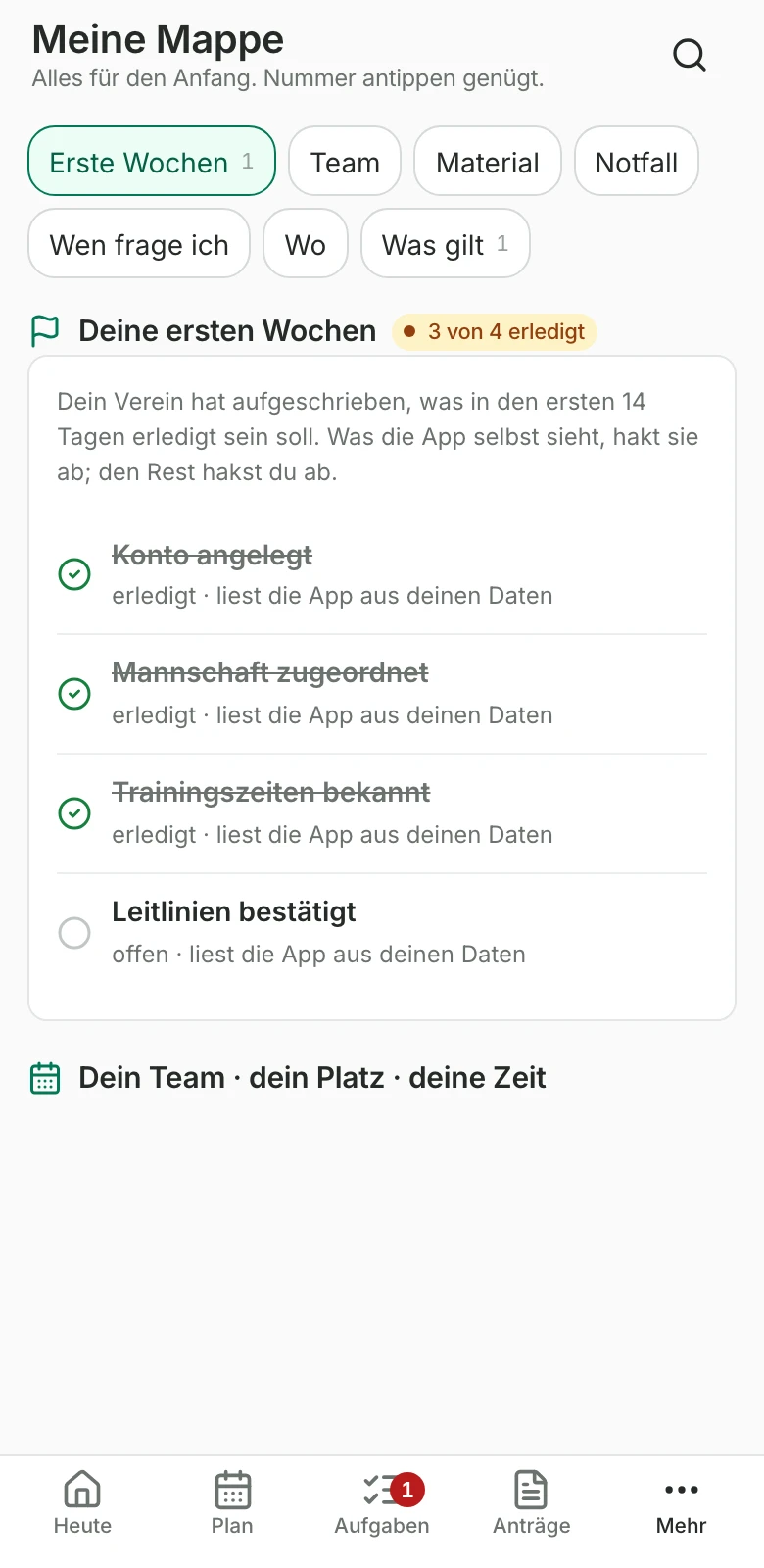 Meine Mappe am Handy: die ersten Wochen eines neuen Trainers, Team, Platz und Zeit