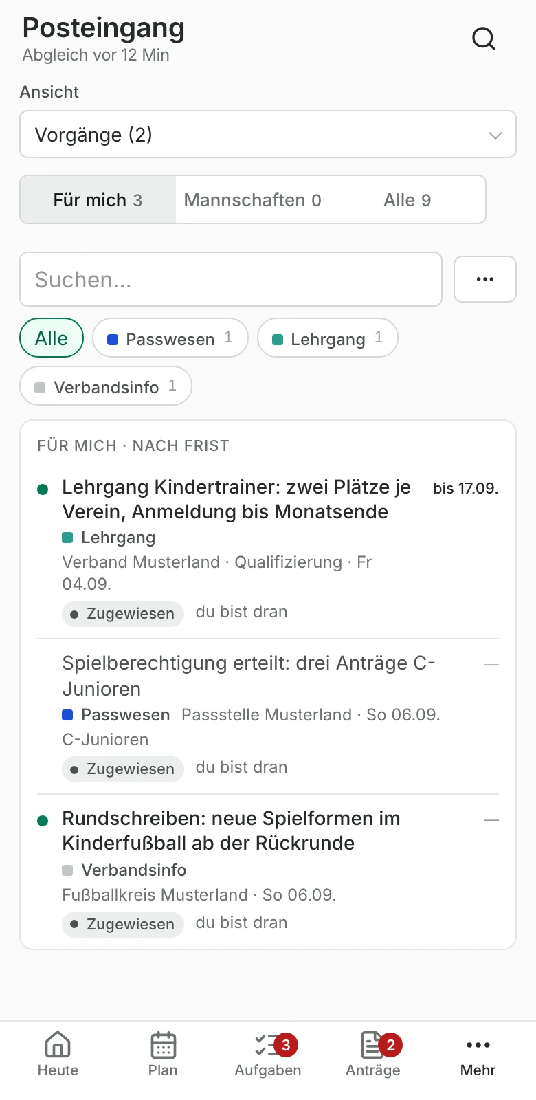 Verbandspost am Handy: Vorgänge für mich, nach Frist sortiert