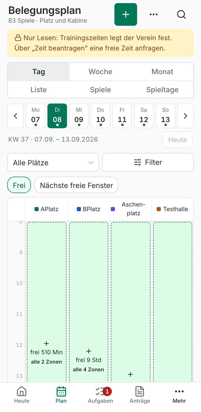 Tag im Plan am Handy: freie Zeiten je Platz grün mit ihrer Dauer