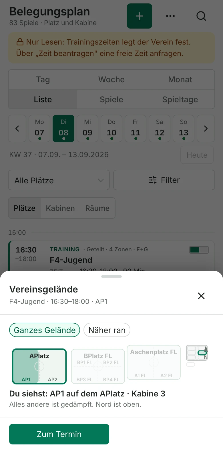 Vereinsgelände am Handy: der Platz des Trainings ist auf der Skizze der Anlage hervorgehoben, dazu die Kabine