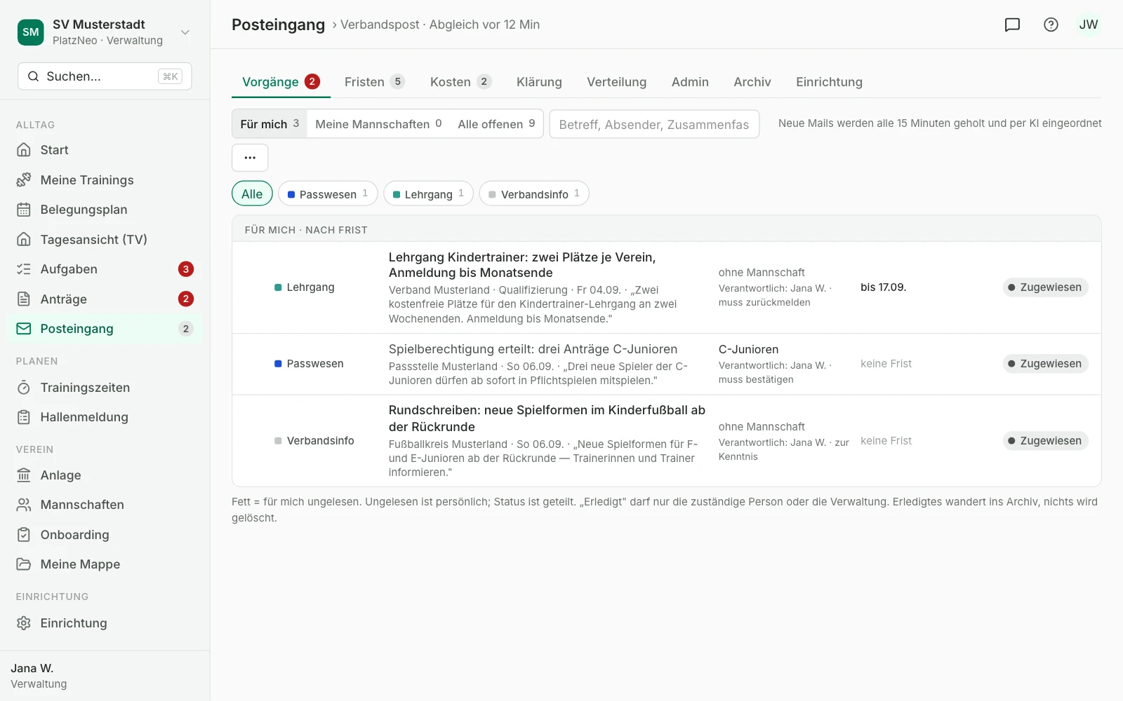 Verbandspost: Schreiben des Verbands nach Frist sortiert, mit Art, Absender, Zuständigem und Status