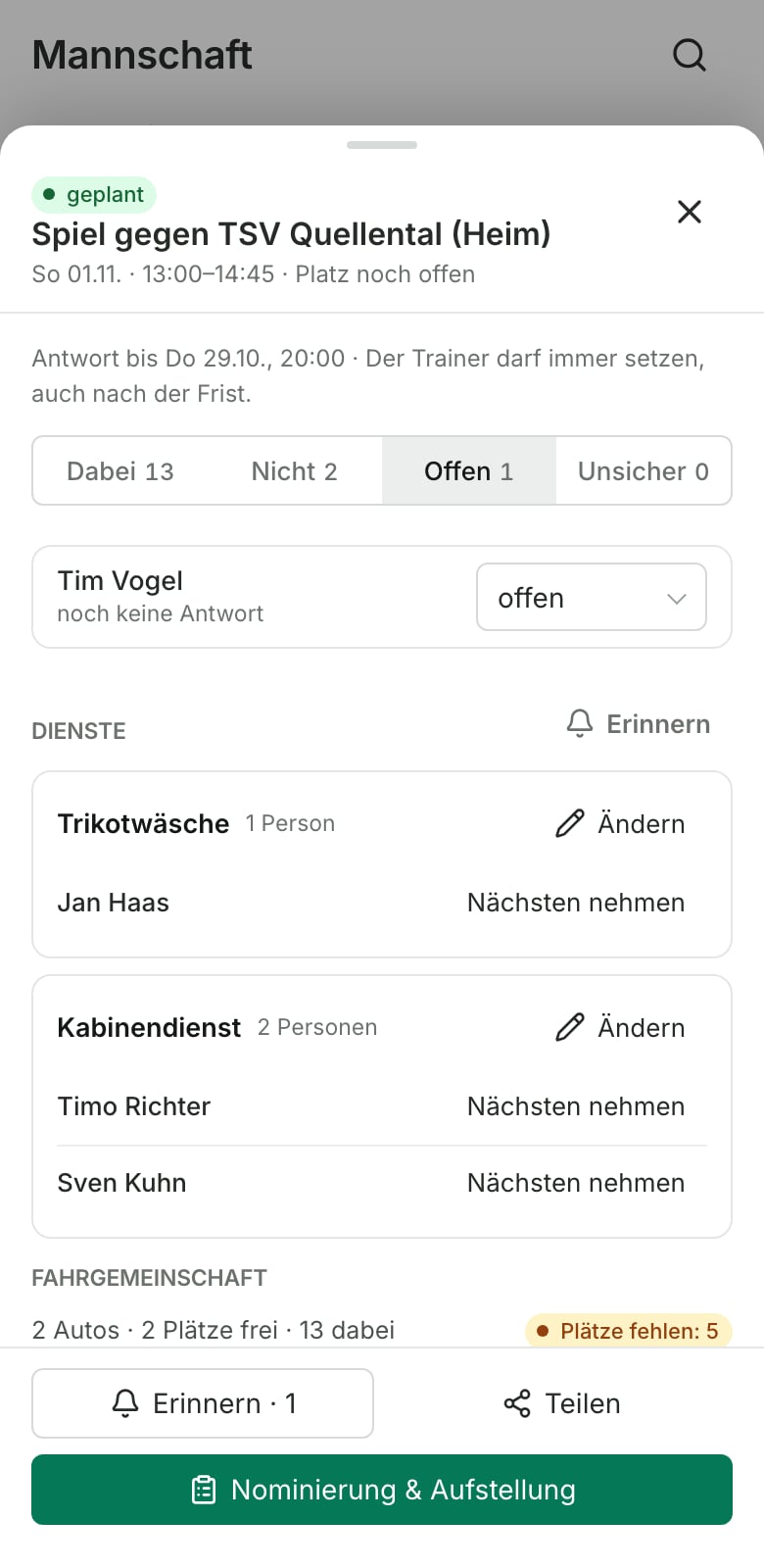 Terminblatt des Trainers am Handy: wer diesmal Trikotwäsche und Kabinendienst hat, mit Nächsten nehmen und Erinnern