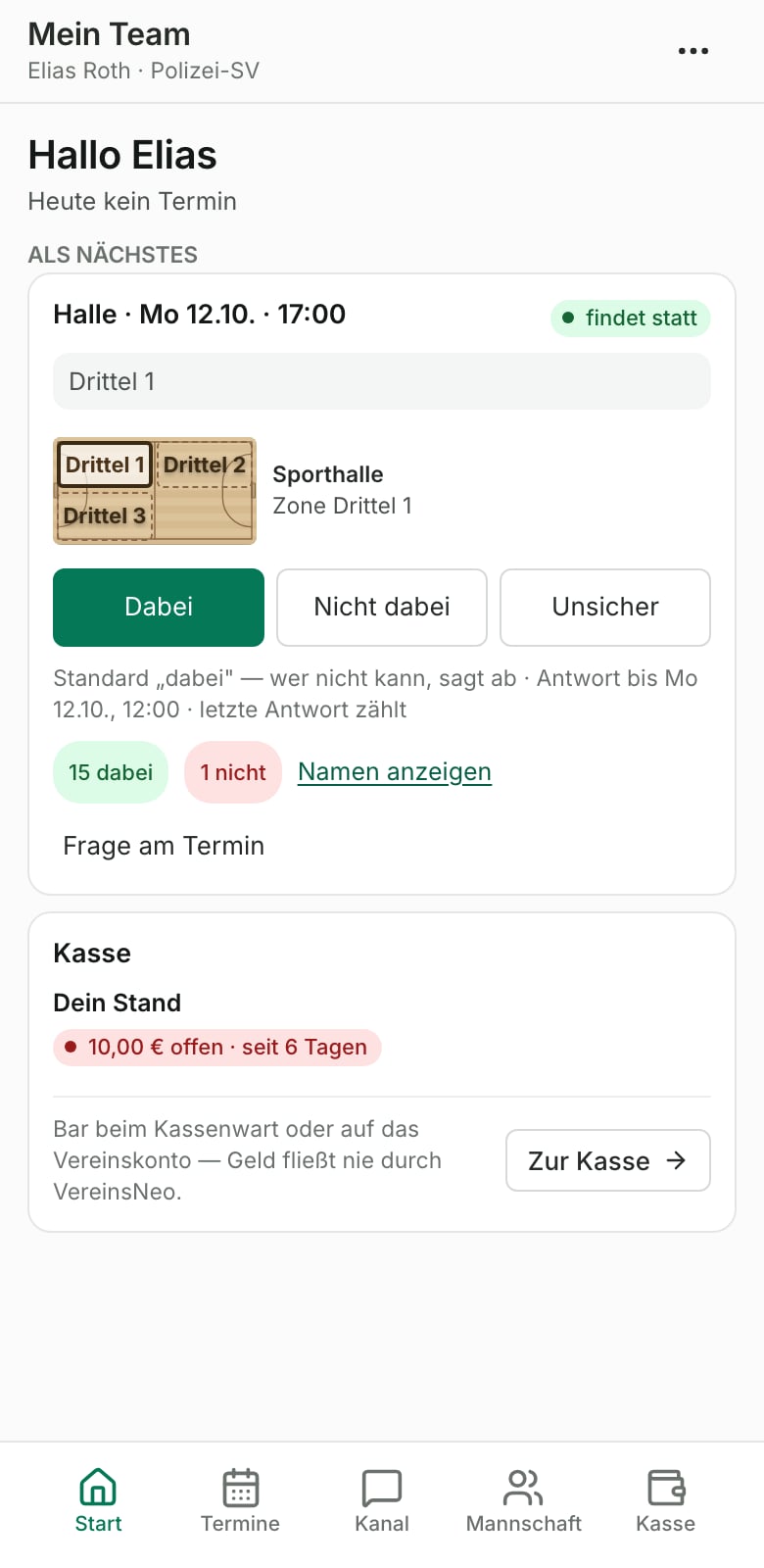 Startseite eines Spielers in Mein Team: der nächste Termin mit Ort, Schaubild und Antwort-Knöpfen, darunter der eigene Stand in der Mannschaftskasse