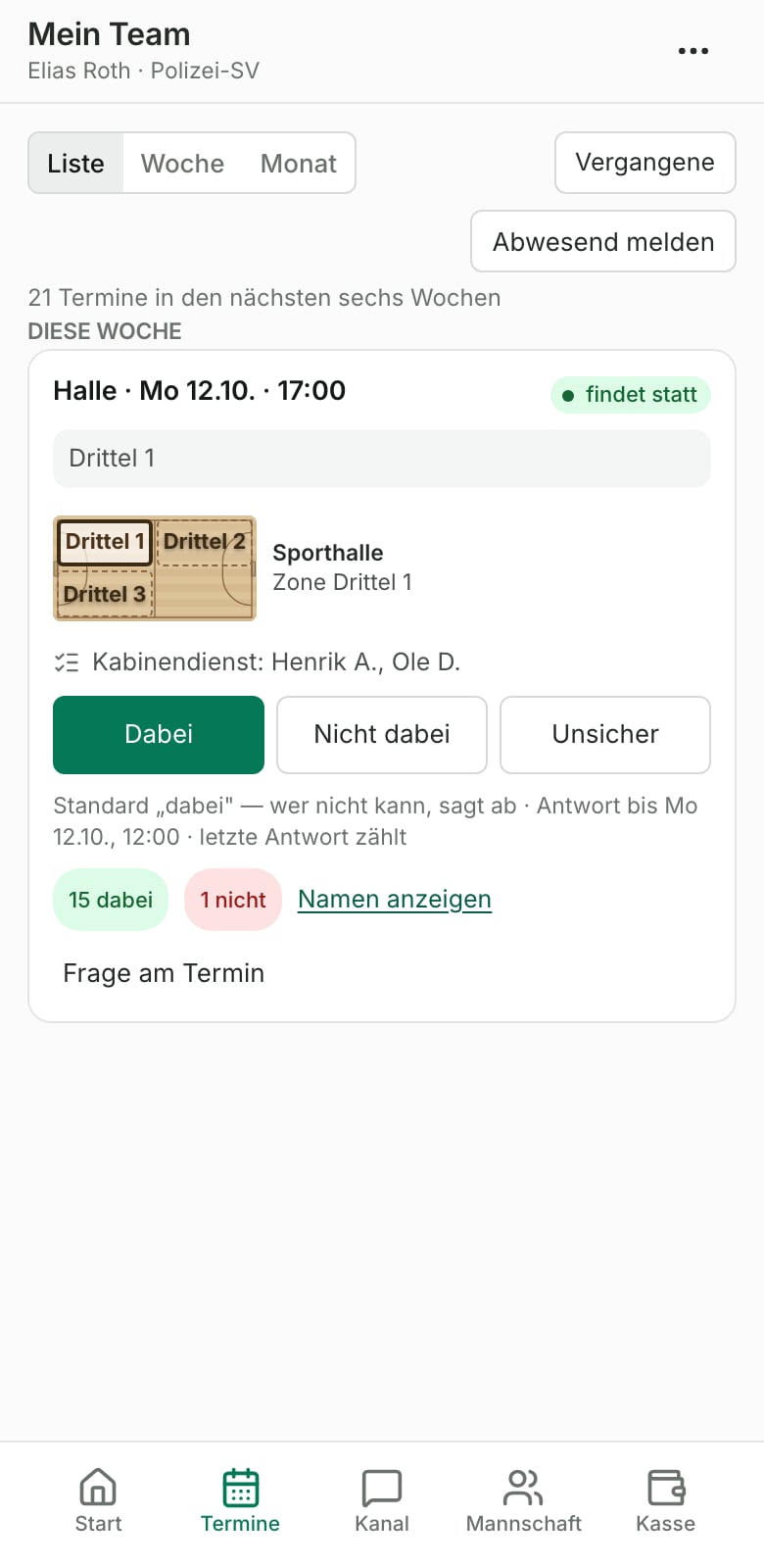 Mein Team am Handy: der nächste Termin mit Ort, kleinem Schaubild, Dienst und den Knöpfen Dabei, Nicht dabei und Unsicher